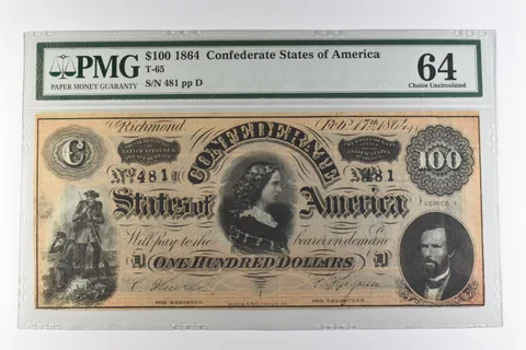 1864 $100 Confederate States of America T-65 Choice Uncirculated 64 PMG *0954