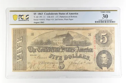 1863 $5 Confederate States America Large Note T-60 PF-11 CR-453 VF 30 PCGS *4170