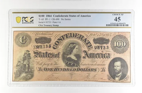 1864 $100 Confederate States Large Note T-65 PF-1 CR-490 Choice XF 45 PCGS *4179