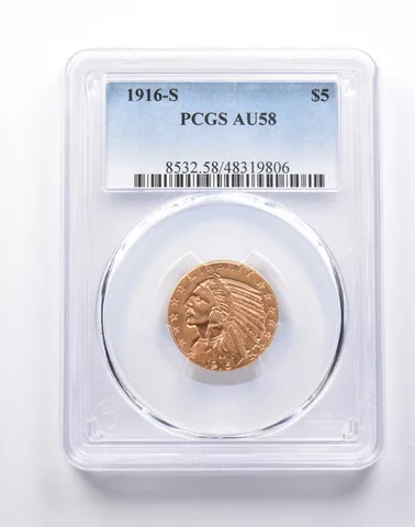 AU58 1916-S $5 Indian Head Gold Half Eagle PCGS a1476