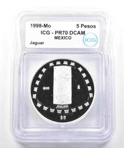 1998 Mo Mexico 5 Pesos Silver Jaguar 1 Oz PR70 DCAM ICG *9874