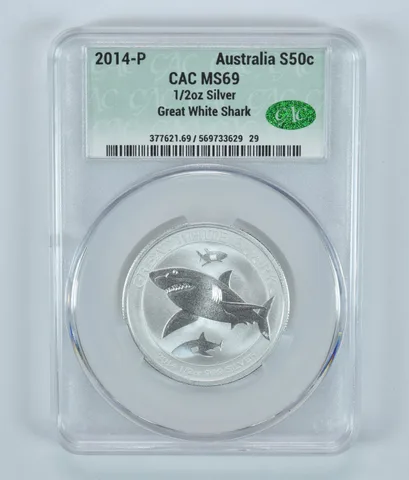 2014 P Australia 50 Cents Silver Great White Shark MS69 CAC CACg