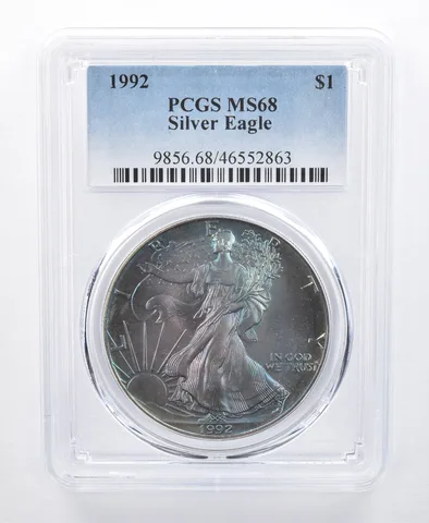 1992 American Silver Eagle MS68 PCGS Blue/Purple Tone *8586
