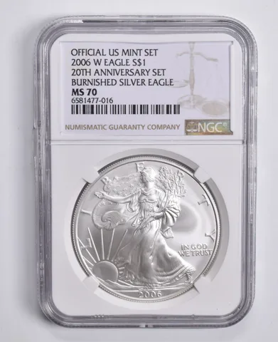 2006-W Burnished American Silver Eagle 20th Anniv. Set MS70 NGC Brown Lbl