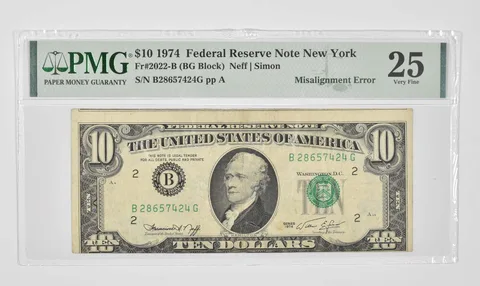 $10 1974 New York, NY FRN PMG 25 Very Fine Fr# 2022-B Misalignment Error *0909