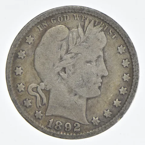 1892 (P) Barber Quarter 90% Silver VG Condition