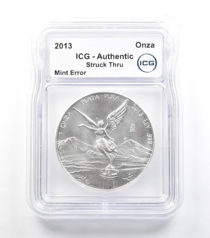 2013 Mo Mexico 1 Onza Silver Libertad Mint Error Struck Thru Authentic ICG *5057