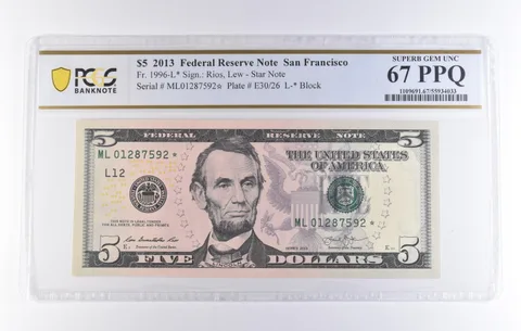 2013 $5 San Francisco CA FRN Star Note Fr#1996-L* Gem Unc 67 PPQ PCGS *8313