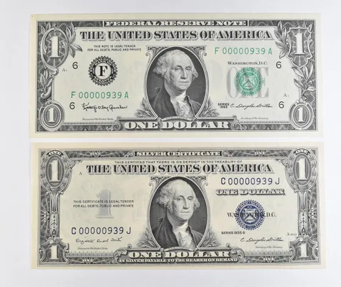Lot (2) Matching Serial Numbers 1935 G $1 Silver Certificate/1963 $1 FRN *1719