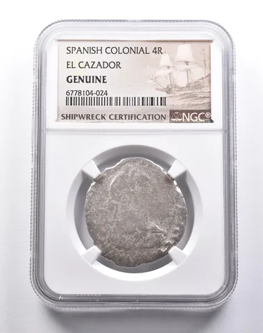 Genuine El Cazador Spanish Colonial 4 Reales NGC Shipwreck Certification *3687