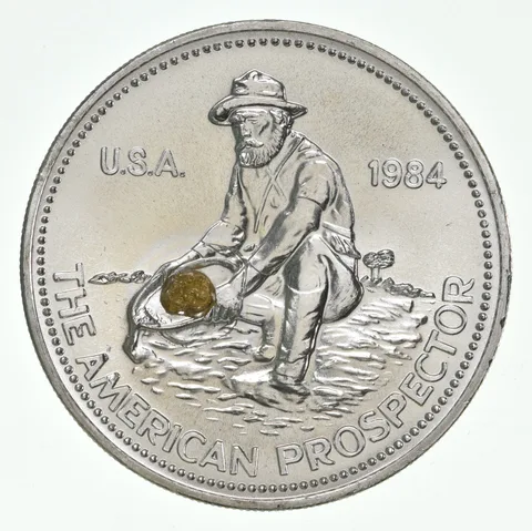 1984 Engelhard 1 Oz Silver American Prospector W/ Natural Gold Nugget