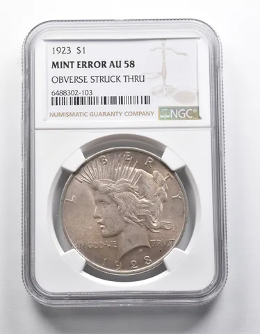 Mint Error AU58 1923 Peace Silver Dollar OBV Struck Thru NGC *1946