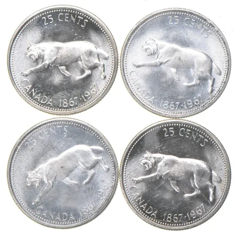 (Lot of 4) Canada 1867-1967 proof-like Gem BU SILVER 25c 'lynx' Quarters