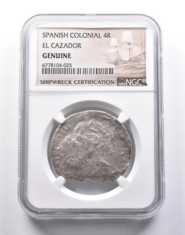 Genuine El Cazador Spanish Colonial 4 Reales NGC Shipwreck Certification *3686