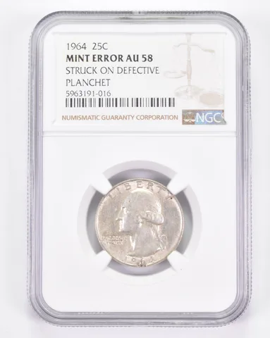 Mint Error AU58 1964 Washington Quarter Struck On Defective Planchet NGC a8857