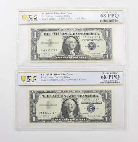 (2) 1957 B $1 Silver Certificate Fr#1621 Gem Unc 68 PPQ PCGS Consecutive *6923