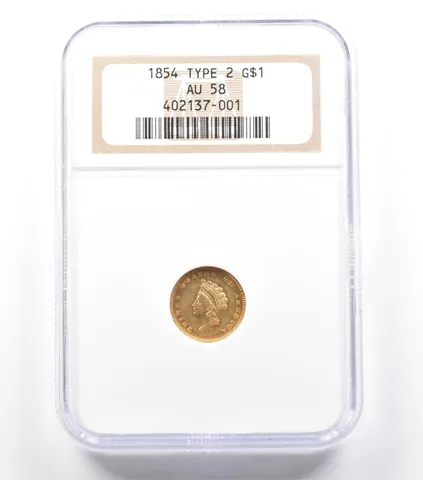 1854 $1 Indian Princess Head Gold Dollar Type 2 AU58 NGC a2177