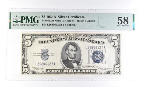 1934 B $5 Silver Certificate Fr#1652m Mule 58 Choice About Unc PMG a0937