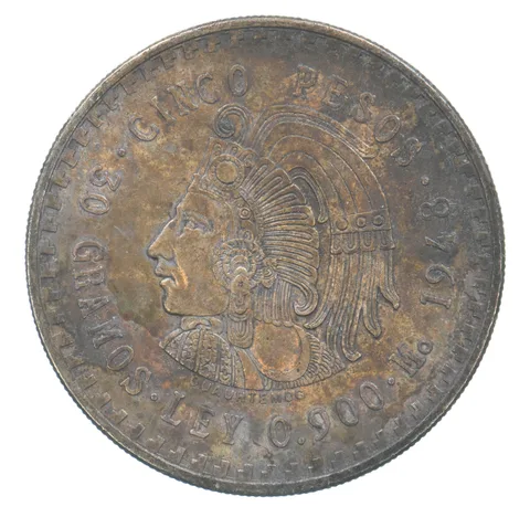 1948 Mo Mexico 5 Peso Silver Cuauhtemoc KM#465 Beautiful Tone *9258