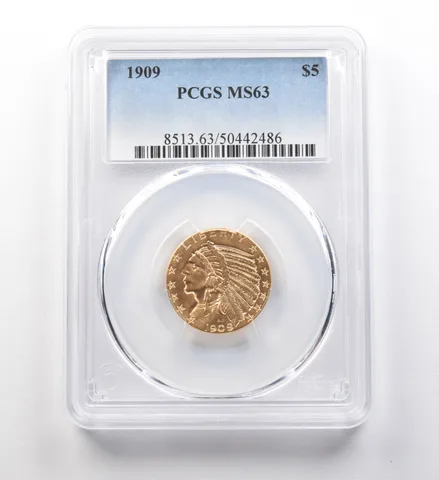 1909 $5 Indian Head Gold Half Eagle MS63 PCGS *8140