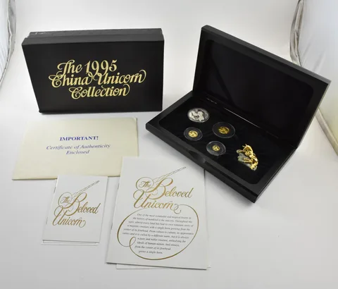 1995 China Proof Gold & Silver Unicorn 4 Coins Set Original Box & COA *8899