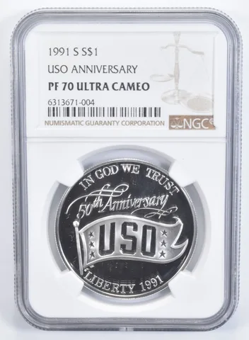 1991-S USO Anniversary Commemorative Silver Dollar PF70 UCAM NGC