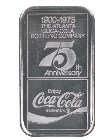 1975 1 Oz Silver Bar Coca-Cola 75th Anniversary Atlanta WWM Beautiful Tone *4284
