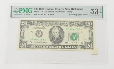 About UNC 53EPQ 1990 $20 FRN Richmond Butterfly Fold Error PMG *6606