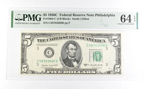 PMG 64 Unc EPQ 1950 C $5 Philadelphia, PA US FRN Green Seal Fr#1964-C *1035