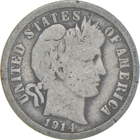 1914-P Barber Dime 90% Silver Average Circ