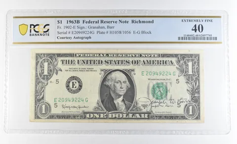 1963 B $1 Richmond VA FRN Courtesy Autograph FR#1902-E EF40 PCGS Barr *0617