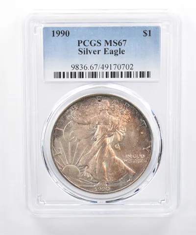 1990 American Silver Eagle MS67 PCGS Orange Tone *8517