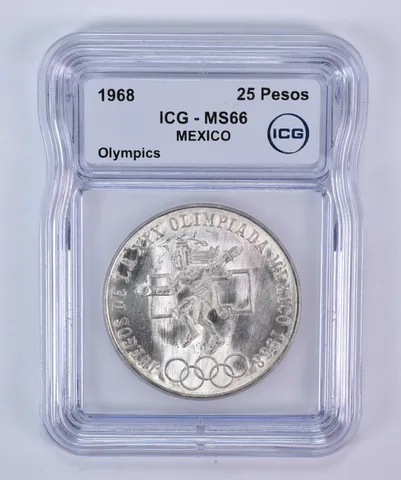 1968 Mo Mexico 25 Pesos Silver Olympics MS66 ICG