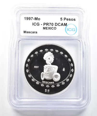 1997 Mo Mexico 5 Pesos Silver Mascara 1 Oz PR70 DCAM ICG *9879