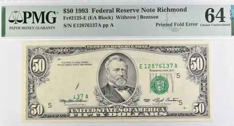 PMG 64 EPQ $50 1993 Fed Res Note Richmond, VA FR#2125-E (EA Block) *2385