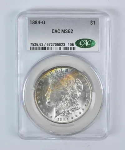 1884-O Morgan Silver Dollar MS62 CAC CACg Peripheral Tone a5906