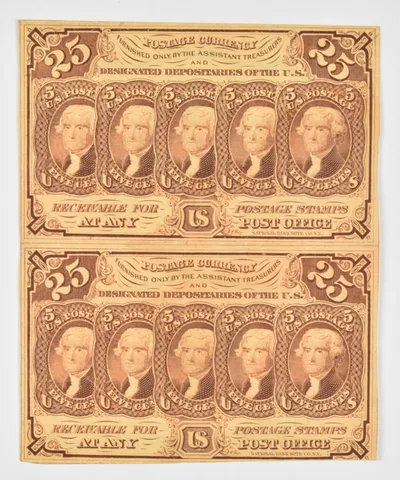 Lot (2) Uncut 25 Cents United States Postage Currency *1485