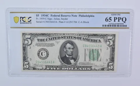 1934 C $5 Philadelphia PA FRN Fr#1959-C Green Seal Gem Unc 65 PPQ PCGS *8104