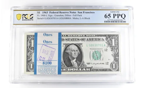 Lot (100) 1963 $1 San Francisco CA FRN Fr#1900-L Full Pack Unc 65 PPQ PCGS *1699