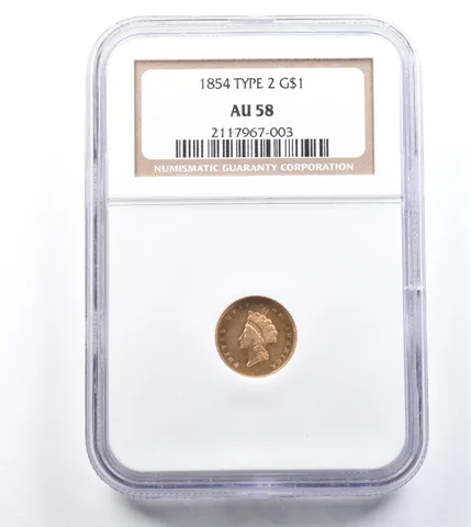 1854 $1 Indian Princess Head Gold Dollar Type 2 AU58 NGC a0788