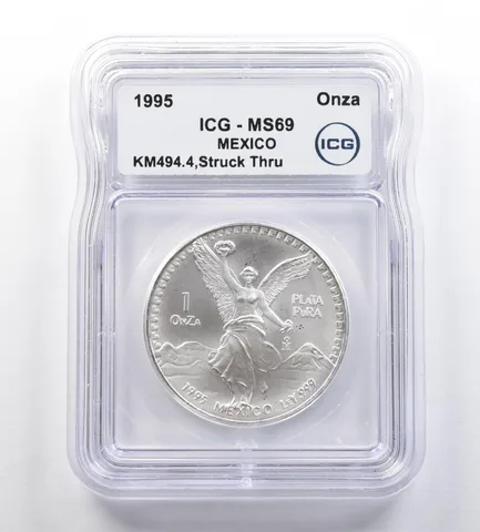 1995 Mo Mexico 1 Onza Silver Libertad Mint Error Struck Thru MS69 ICG *7636