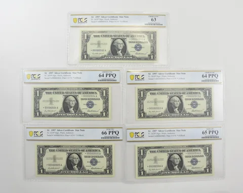 (9) 1957 $1 Silver Certificate Star Fr#1619* PCGS 63-66 Consecutive LOW *9818
