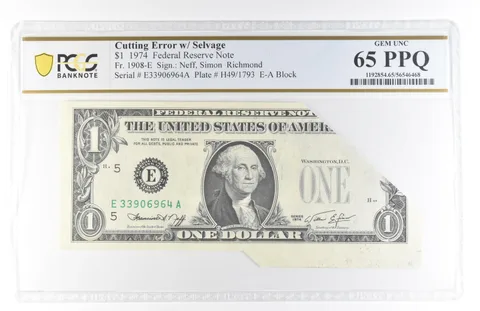 1974 $1 Richmond VA FRN Cutting Error W/ Selvage Fr#1908-E Unc 65 PPQ PCGS *5839