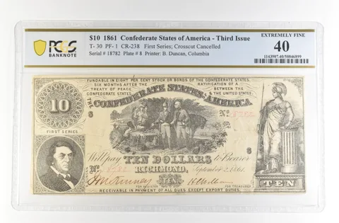 1861 $10 Confederate States America Large Note T-30 PF-1 CR-238 EF 40 PCGS *4158