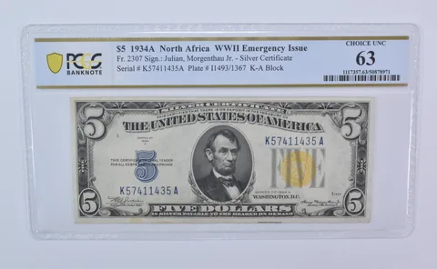 1934 A $5 North Africa WWII Emergency Fr#2307 Unc 63 PCGS *8102