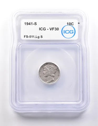 1941-S Mercury Dime FS-511 Large S VF30 ICG *9865