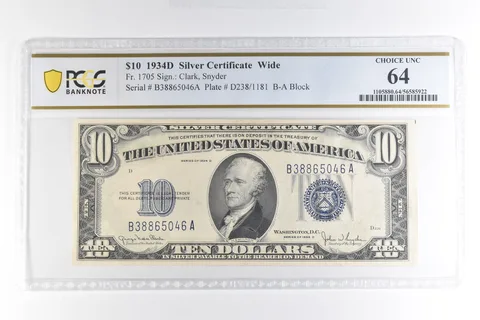 1934 D $10 Silver Certificate Wide Fr#1705 Choice Unc 64 PCGS *4944