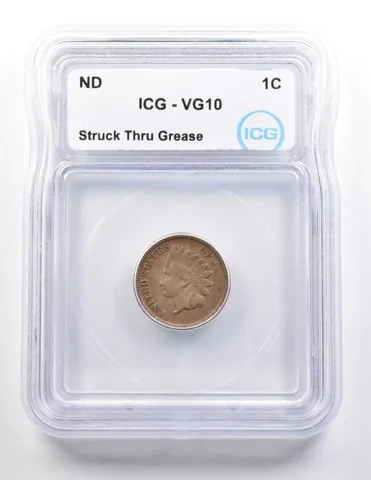 1859-1864 ERROR Indian Head Cent Struck Thru Grease VG10 ICG a3656
