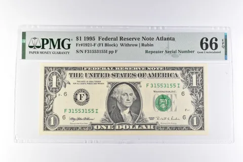 PMG 66 Gem Unc EPQ $1 1995 FRN Atlanta Fr#1921-F Repeater Serial Number a3096
