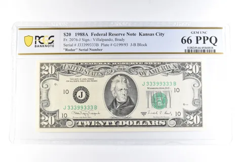1988 A $20 Kansas City MO FRN Fr#2076-J Radar Serial Gem Unc 66 PPQ PCGS a6099